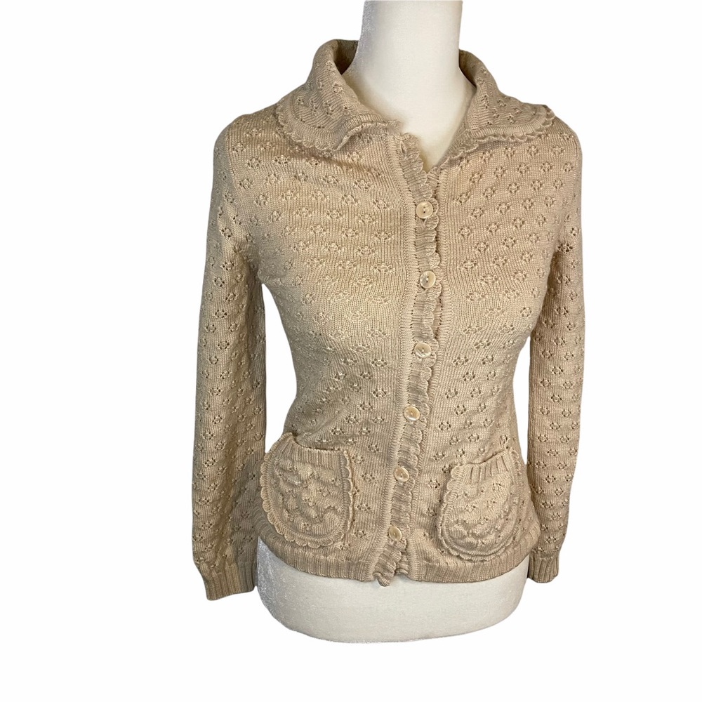 - Fairyfair cream collared cardigan sweater cottagecore wool eyelet xsmall
